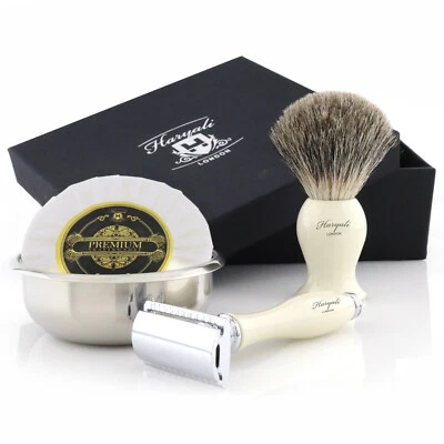 4Pcs Men Shaving Kit Double Edge Safety Razor , Badger Shaving Brush Soap & Bowl