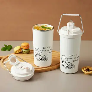 【CORELLE 康寧餐具】 鋅動輕瓷大容量不鏽鋼手提保溫杯800ml-SNOOPY復刻黑白