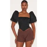 Black Puff Sleeve Woven Corset, Black