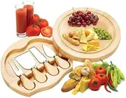 QYINXIU Cheese Board with Cutlery Cutting Set, Round Bamboo Charcuterie Board and Knife Set with Slide-Out Drawer, Wooden Cheese Board with Cutlery Cutting Set for Housewarming