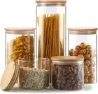 Set of 5Clear Glass Food Storage Containers with Bamboo Lid Stackable Spice Jars