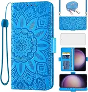 [Asuwish] Mobile Phone Case for Samsung Galaxy S23 5G Case with Strap and Glass Film Screen Protector Card Slot Foldable Leather Wallet Stand S 23 23S S23 Case Mobile Phone Cases Flowers Protective