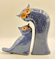 Pier 1 Imports MCM Style Mom Owl + Owlet Ceramic Bookends Set Navy Blue NWT NOS
