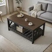 [YESHOMY] 39" Farmhouse Coffee Table, Coffee Tables for Living Room, Farmhouse Square Coffee Table with Storage, Couch Table, Small Tables for Small Spaces, Brown and Black