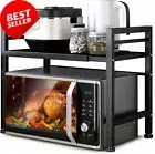 2-Tier Expandable Microwave Oven Rack Stand Kitchen Storage Shelf w/ Hooks