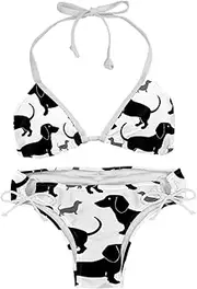 [Generic] Mini Black Dogs Dachshund Shadow Women's Side Tie Hipster Triangle Bikini Bathing Suits Swimsuits M