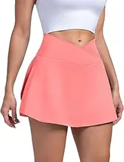 [Generic] Women's Slit Tennis Skirt High Waisted Flowy Athletic Golf Skirt with Shorts Quick Drying Elastic Sports Skorts Fitness Yoga Short Skirt Summer Mini Skirt
