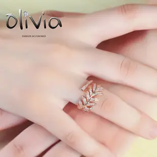 現貨 Olivia Fashion 戒指 精雕月桂葉施華洛世奇水鑽厚鍍14K真金開口戒 可調整 【KA03156】