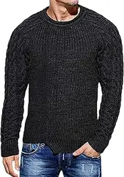 [Qolkmuiy-GJ] Mens Ripped Knit Sweater Crew Neck Sweater Winter Classic Textured Cable Knit Sweatshirt Slim Fit Soft Pullover