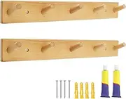 2Pcs Coat Rack Wall Mounted Wooden Coat Hooks with 5 Hooks for Clothes Scarf Towel Bag Space Saving Wall Coats Hook Rails for Entryway Living Room Bedroom Bathroom