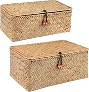 Moosky Wicker Shelf Baskets with Lid,Handwoven Seagrass Basket for Storage Basket Bins Rectangular Home Organizer Gift Boxes (Natural Set of 2)