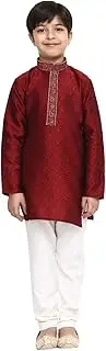 [Sojanya] Big Boy's Jacquard Silk Kurta & Churidaar Pyjama Set Red