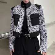 INCERUN Mens Floral Print Patchwork Jacket Crop Top Zipper Stand Collar Short Jackets for Men Large Size S-5XL