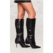 Black PU Point Toe Fold Over Zip Detail High Stiletto Heeled Boots, Black