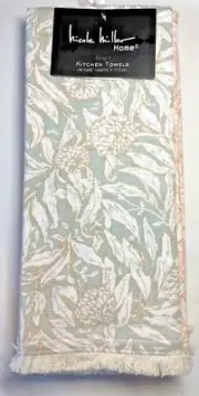 NICOLE MILLER HOME KITCHEN TOWELS (3) GREEN TAN ORANGE FLOWERS 20 X 28 COTTONNWT