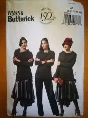Burda B5858 sewing pattern: womens flared skirt, tailored pants and knit top.