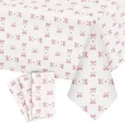 BENOSPACE 3 Pcs Pink Bow Tablecloth Disposable Plastic Table Cloths Party Decorations Large Size Rectangle Table Cover Bow Theme Party Supplies for Women Girls Birthday Bridal Baby Shower Decor