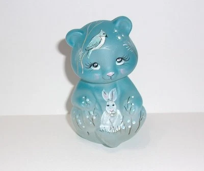 Fenton Glass Crystal Satin Hare Rabbit Blue Bird Bear Figurine #9/37 M Kibbe