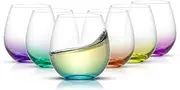 [JoyJolt] HUE Stemless Wine Glass Set. Large, 15 oz, Stemless, Set of 6. Short Wine Tumblers for White Wine, Red Wine, Water, No Stem Margarita Glasses, Colored
