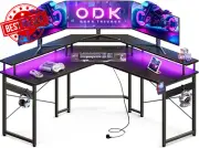 L-Shaped Gaming Desk with 10 Colour Lights, Power Outlet, Monitor Stand, Black