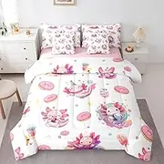 Feelyou Boys Girls Cute Axolotl Bed in A Bag Twin Size, Cartoon Donuts Comforter Set with Sheets Kids Kawaii Ocean Sealife 7 Pieces Bedding Set Dessert Salamander Teens Bed Set Bedroom Decor 7Pcs