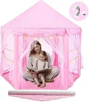 Princess Tent with Rug & Led Star Lights,Princess Castle Play Tent for Girls Kids or Toddlers, Kids Large Playhouse for Indoor and Outdoor Games,140 * 135cm,Birthday for 3/4/5/6/7/8/9+ Year Old