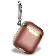 Airpod Case For Apple Airpods Gen 1 & 2 - Faux Leather Gold Trim Design Protective Cover With Keychain Carabiner Clip - Supports Wireless Qi Charging For Airpods Generation 1 & 2 - Natural Brown