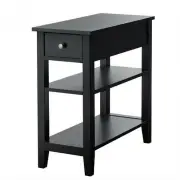 3-Tier Nightstand Bedside Table Sofa Side with Double Shelves Drawer-Black - Col