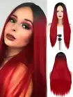 Wine Red Long Straight Wigs for Women Burgundy Ombre Color with Dark Roots