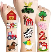 96 PCS Farm Barnyard Animal Pre-Cut Temporary Tattoos Sticker One 1st First Two 2nd Farm Birthday Decorations Party Supplies Favors Gift Boy Girl Farmhouse Tractor Cow Pig Tattoo School Reward Themed