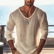 Men's T Shirt Tee Tee Top Long Sleeve Shirt Long Sleeve V Neck Summer Spring Plain Fashion Designer Basic Classic Vacation Street Going out Beige Top Tee for M