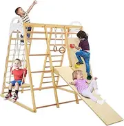 HONEY JOY 8-in-1 Kids Climbing Playset, Indoor Playground Jungle Gym for Children w/Slide, Climbing Rock/Net, Monkey Bars, Rope Ladder, Swing, Wooden Climber Playset for Kids Ages 1 + Years (Natural)