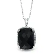Cushion-Cut Faceted Onyx and 0.05 CT. T.W. Natural Diamond Bead Frame Pendant in 10K White Gold