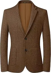 [Mrbuerly] Mens Herringbone Tweed Blazer Vintage Wool Blend Sport Coat Jacket 2 Button Casual Wedding Groomsmen Prom Suit