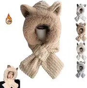 [HOBIVA] Cute Fox Ears 2-in-1 Hat and Scarf， Fox Ears Beanie Hat，Integrated Ear Protection Windproof Cap Scarf，2-in-1 Soft Plush Hooded (Khaki,OneSize)