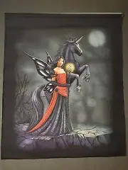 Black Unicorn w/Fairy on Canvas Scroll, artist Lisa Parker! BNIP! Free Ship!