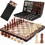 2 in 1 Magnetic Wooden Chess Set & Checkers Board Game, 15’’ Folding