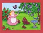 Penny and Pups Greeting Card, Spaniel, Bluebirds, Butterflies, Flowers