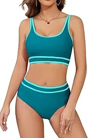 [SHEKINI] Women's High Waisted Bikini Sets Sporty Two Piece Swimsuit Color Block Cheeky Cute High Cut Bathing Suits