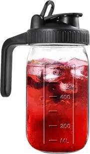 32 OZ Glass Mason Jar Pitcher with Lid and Handle, Wide Mouth Water Jug