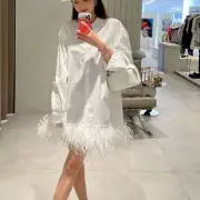 Women's Feather Trim White Shirt Dress Long Sleeve Loose Mini Dress Casual Tops