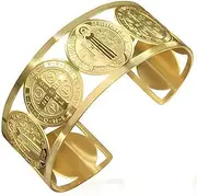 [My Daily Styles] Stainless Steel Cross St. Benedict Religious Christian Open End Cuff Bangle