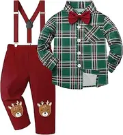 [TALLWH] Baby Boy Christmas Outfit Plaid Long Sleeve Bowtie Shirts + Reindeer Pattern Suspenders Pants Toddler Christmas Outfit