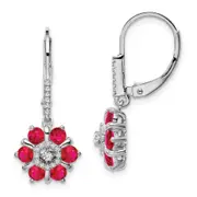 Solid 14k White Gold Simulated Ruby and CZ LeverbacK Earrings