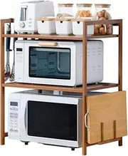 [KITment] Microwave Shelf Microwave Stand, 3 Tier Bamboo Microwave Oven Rack with Board Rack, Kitchen Shelf Organiser with Adjustable Height and 4 Hooks