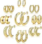 [Kakonia] 9 Pairs Gold Hoop Earrings Set for Women Lightweight 14K Gold Plated Chunky Hoop Earrings Multipack Hypoallergenic, Thick Open Twisted Huggie Hoops Earring Set