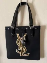 Yves Saint Laurent Black Tote Bag Canvas Cosmetics YSL Gold Logo Japan New