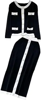 [keusyoi] Winter Button Knit Two Piece Set Women Long Sleeve O-Neck Cardigan Elastic Waist Sweater Bodycon Midi Skirt Suit