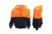 HI VIS Full Zip Fleece-lined Fleecy Hoodie Jumper Safety Workwear Pocket Jacket - Fluro Orange / Navy