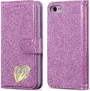 QLTYPRI Wallet Case for iPhone SE 2022 5G/iPhone SE 2020/iPhone 8/iPhone 7,Bling Shiny Glitter Flip Folio Case Full-Body Protective Cover Card Slots Magnetic Closure Kickstand Wrist Strap-Purple Heart